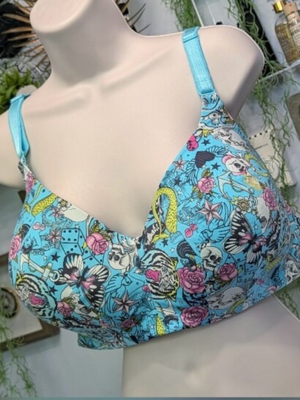 Blue Tattoo Floral Print Underwire Bra